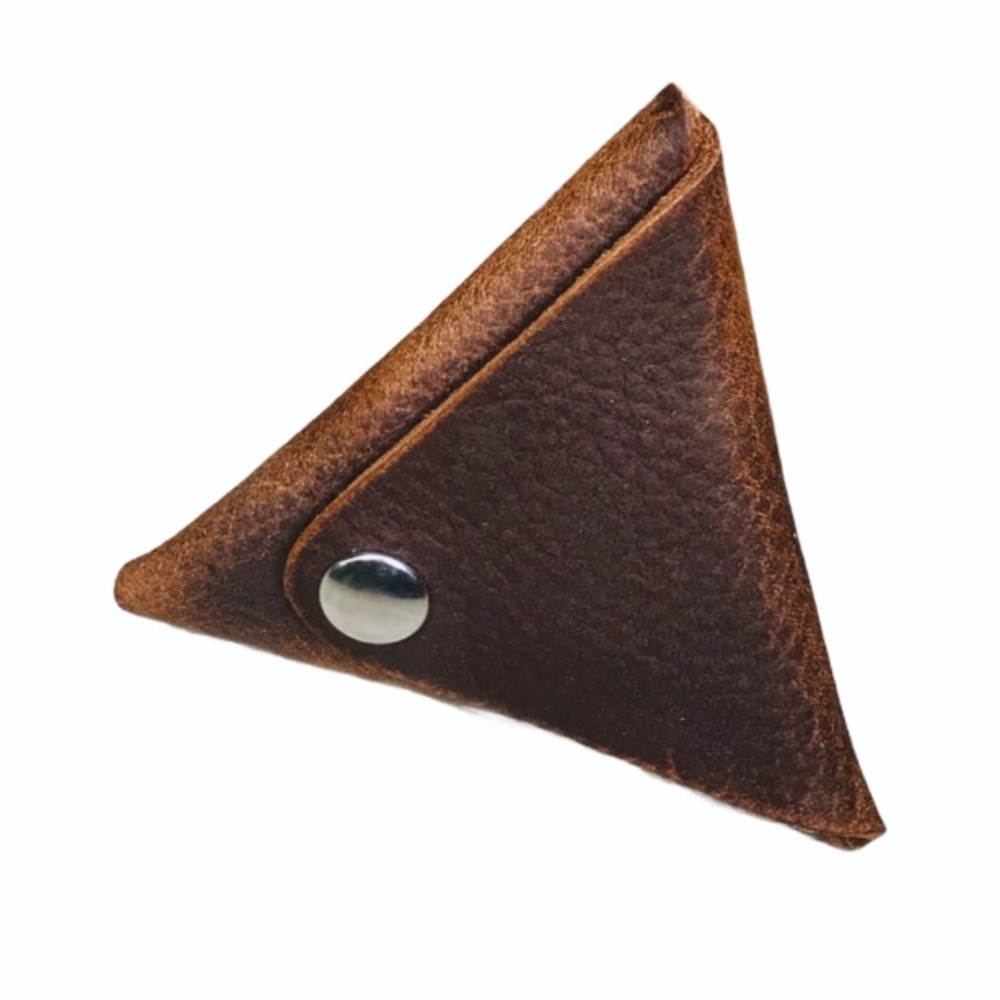 Triangular coin pouch Pebbled Brown oil tanned leather silver snap 3.75”